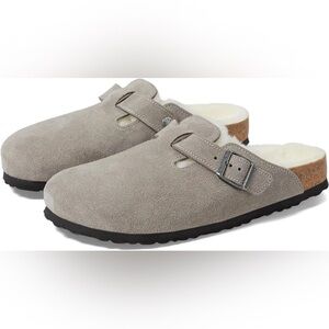 Birkenstock Boston Shearling NIB Suede Slip-Ons Stone Coin Gray - Size 38